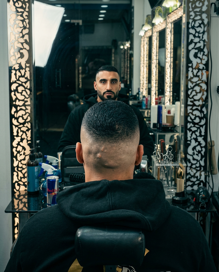 Clean buzz with skin fade, mirror view